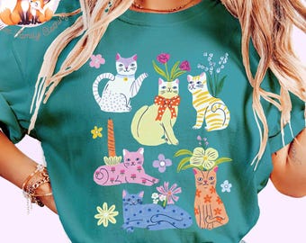 Cats And Flowers Comfort Colors Shirt, Spring Cats Tee, Gift For Cat Mom