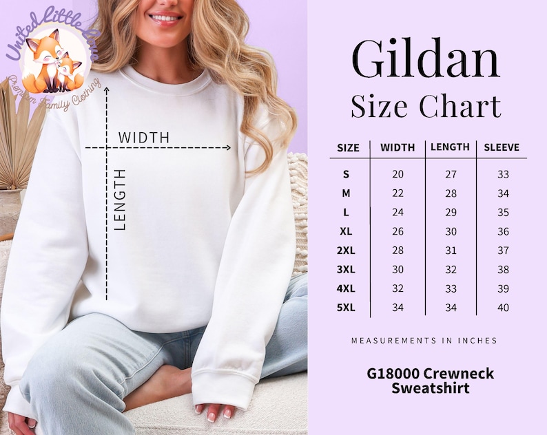 May include: A white Gildan crewneck sweatshirt with a size chart. The chart shows measurements in inches for sizes S to 5XL, including width, length, and sleeve length. The sweatshirt is G18000.
