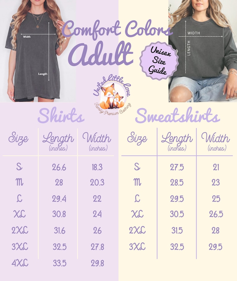 Pu&ograve; includere: Guida alle taglie per magliette e felpe Comfort Colors da adulto. L'immagine mostra una donna che indossa una maglietta grigia e una donna che indossa una felpa grigia. La tabella delle taglie include misure in pollici per lunghezza e larghezza per le taglie dalla S alla 4XL.