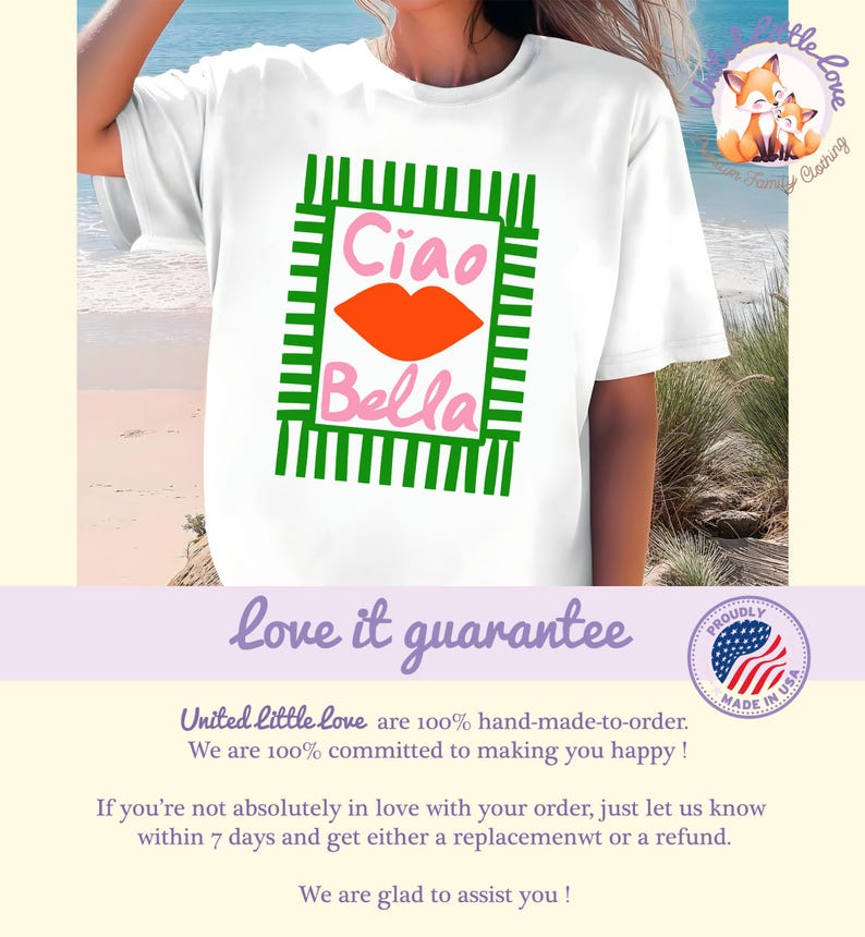 K&ouml;nnte beinhalten: Wei&szlig;es T-Shirt mit dem Schriftzug "Ciao Bella" in Rosa, einem orangefarbenen Lippen-Design und einem gr&uuml;nen Rahmen. Das T-Shirt stammt von United Little Love Family Clothing, hergestellt in den USA.