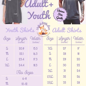 May include: A size guide for Bella Canvas adult and youth shirts. The image shows measurements in inches for various sizes, including XS to 5XL for adults and S to XL for youth. The guide also includes a "Fits Sizes" chart.