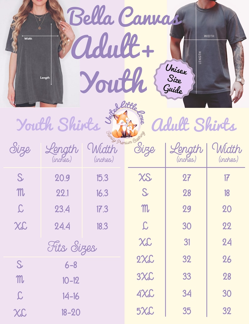 May include: A size guide for Bella Canvas adult and youth shirts. The image shows measurements in inches for various sizes, including XS to 5XL for adults and S to XL for youth. The guide also includes a "Fits Sizes" chart.