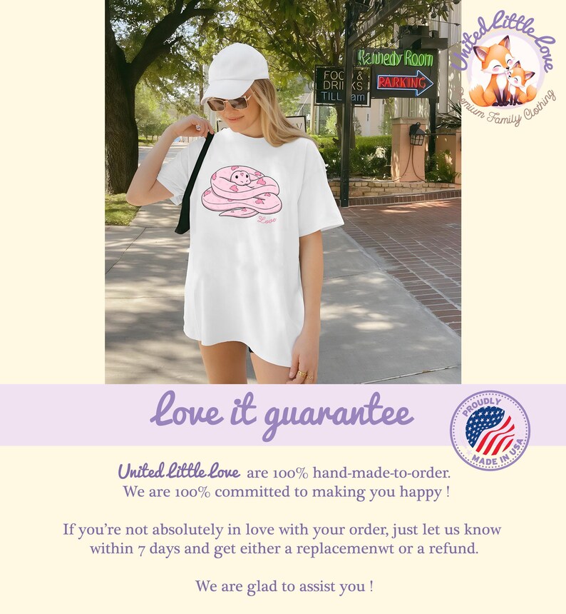 May include: White t-shirt featuring a pink cartoon snake design. The shirt is worn by a person wearing a white cap and sunglasses. The image includes text that reads "United little love" and "love it guarantee".
