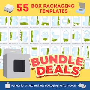 May include: An image showcasing 55 box packaging templates. The text "BOX PACKAGING TEMPLATES" is displayed above the templates. The image also includes the text "BUNDLE DEALS" and "Perfect for Small Business Packaging | Gifts | Favors".