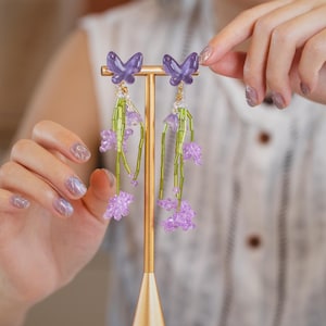 Purple Butterfly & Flower Beaded Earrings – Handmade Dangle Earrings, Fairycore Cottagecore Jewelry, Spring Floral Accessories, Gift for Her