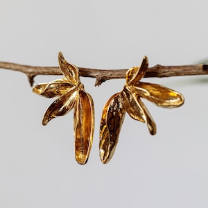 Gold Leaf Statement Earrings – Nature Inspired Botanical Jewelry, Lightweight Artistic Ear Accessories, Gift for Her