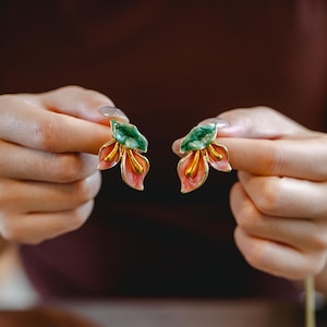 Handmade Enamel Flower Earrings – Green & Pink Petal Studs, Botanical Jewelry, Elegant Nature-Inspired Gift for Her