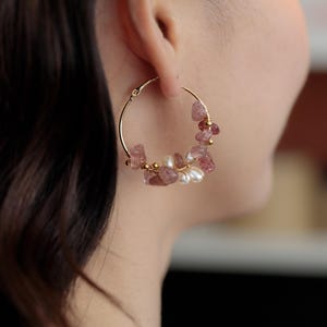 Pink Crystal Hoop Earrings: Freshwater Pearls, Gold-Plated Wire, Boho Jewelry