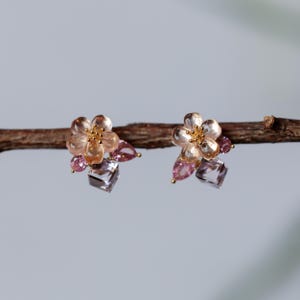 Cherry Blossom Stud Earrings | Pink Crystal Floral Earrings | Dainty Romantic Jewelry Gift for Women