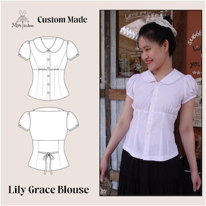 Solicitud personalizada: Blusa Lily Grace / Cuello Peter Pan redondeado - Mangas cortas abullonadas - Camisa ajustada color rue - Camisa Jennie White inspirada en 2 años