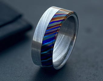 Premium Zirconium Timascus and Damasteel Mix Ring Unique Wedding Band Engagement Ring Gift 5th Anniversary Gift for Husband Groomsmen Gift