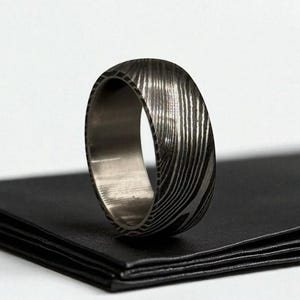 Damascus Steel Ring with Titanium Inlay: Handmade Minimalist Wedding Band