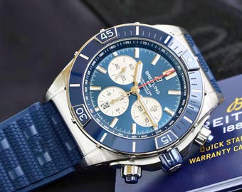 Orologio cronografo vintage Breitling Super Chronomat B01 con quadrante blu, regalo per il marito.