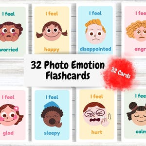 32 foto-emoties Flashcards, afdrukbare gevoelens Flash-kaarten, echte kinderen emoties, educatieve terug naar school activiteit Montessori speelgoed