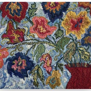 May include: A hand-hooked rug featuring a floral design with a vase. The rug showcases a variety of colorful flowers in shades of red, pink, yellow, and blue, with green leaves. The vase is a deep red color, and the background is light blue.