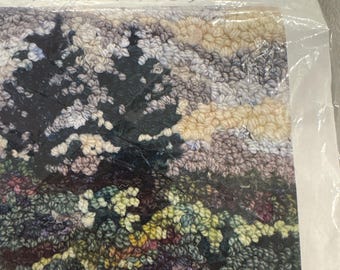 DEANNE FITZPATRICK-  Linen Rug Hooking Kit-Mystery of the Two Lonely Spruce.  Hand-drawn pattern, wool yarns & strips. 8”x8”