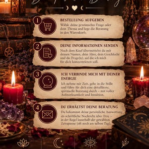 May include: An informational graphic titled SO FUNKTIONIERT ES Deine pers&ouml;nliche Beratung, outlining a four-step process for a spiritual service. It features numbered steps with icons, text in German, and a dark, mystical background with candles.
