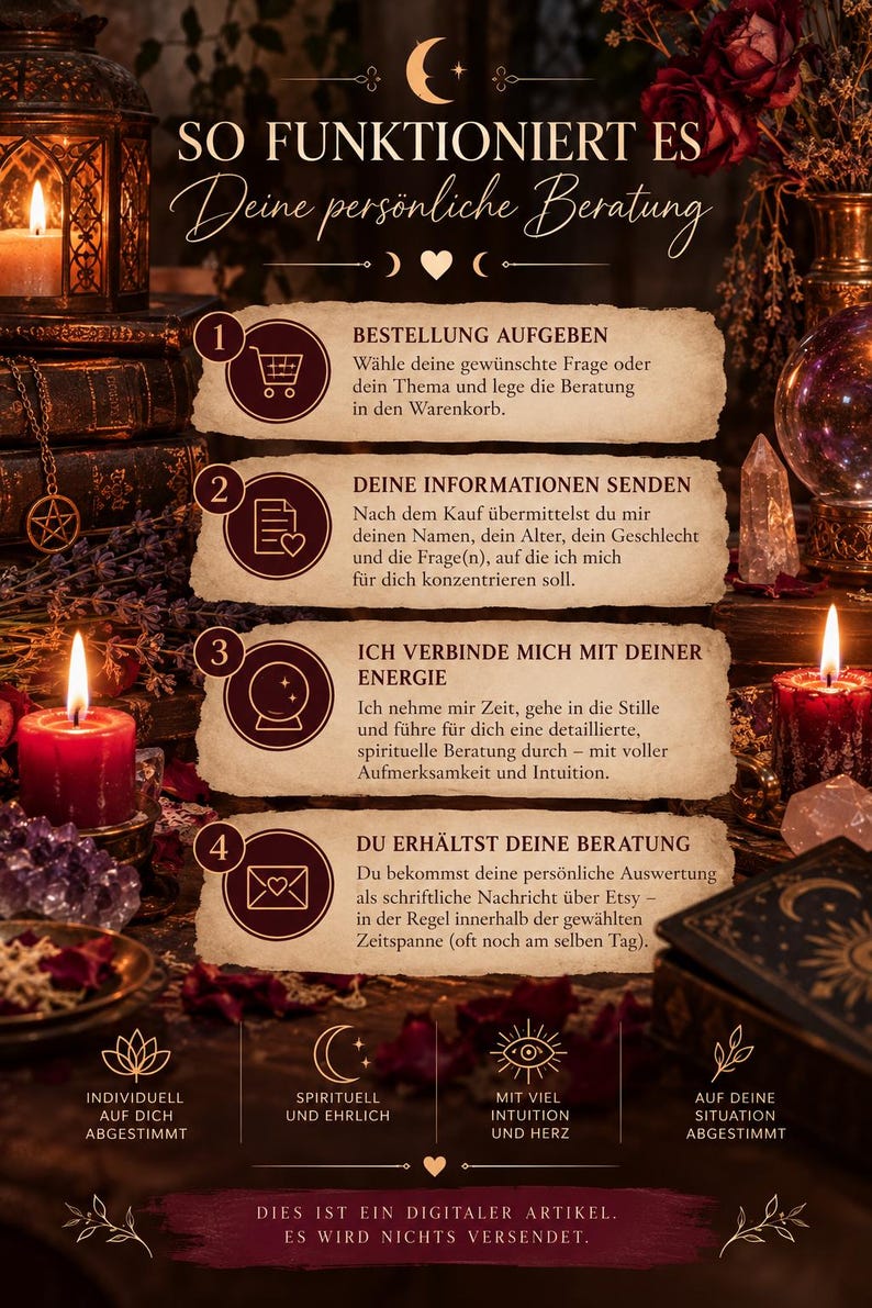 May include: An informational graphic titled SO FUNKTIONIERT ES Deine pers&ouml;nliche Beratung, outlining a four-step process for a spiritual service. It features numbered steps with icons, text in German, and a dark, mystical background with candles.