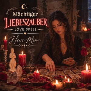 Könnte beinhalten: Eine dunkel gestaltete Grafik mit dem Text Mächtiger LIEBESZAUBER LOVE SPELL Hexe Mina. Das Bild zeigt eine Person mit langem dunklen Haar an einem Tisch, der mit Tarotkarten, roten Kerzen, Kristallen und roten Rosen in einer dunklen Umgebung bedeckt ist.