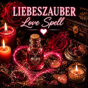 Peut inclure: Une bouteille en verre remplie de liquide rouge, surmontée d'un bouchon en liège et ornée d'un pendentif cœur en argent. La scène inclut des roses rouges, des bougies allumées, des cristaux et un coffret, avec le texte LIEBESZAUBER Love Spell.