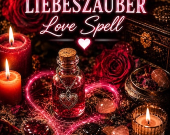May include: A glass bottle filled with red liquid, topped with a cork, and adorned with a heart-shaped pendant. The image features the text LIEBESZAUBER Love Spell, red roses, lit candles, and scattered crystals on a dark surface with a glowing heart.