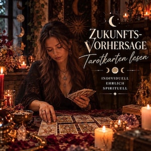 May include: A person in a black lace top holding tarot cards over a table with spread cards, candles, and crystals. Text reads: ZUKUNFTS-VORHERSAGE Tarotkarten lesen INDIVIDUELL EHRLICH SPIRITUELL. The scene is dimly lit with warm candlelight.