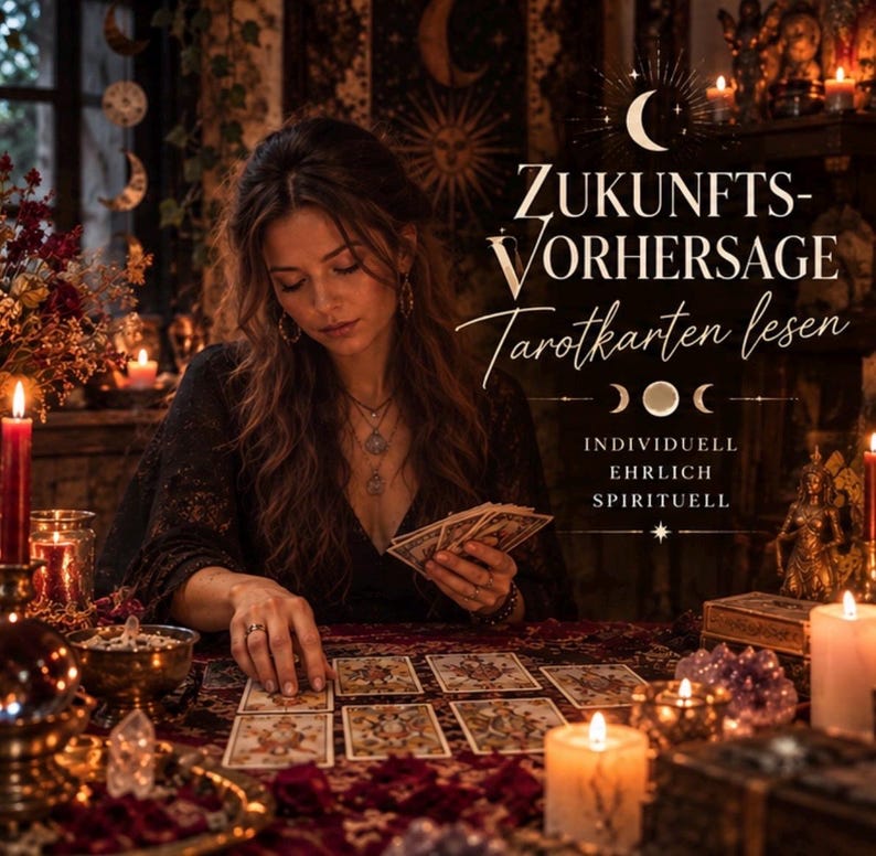 May include: A person in a black lace top holding tarot cards over a table with spread cards, candles, and crystals. Text reads: ZUKUNFTS-VORHERSAGE Tarotkarten lesen INDIVIDUELL EHRLICH SPIRITUELL. The scene is dimly lit with warm candlelight.