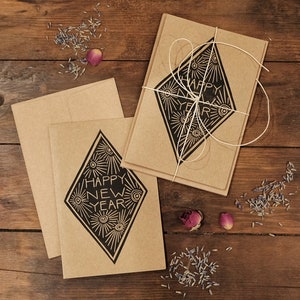 Hand Printed New Year's Cards, Linocut on Kraft image 1