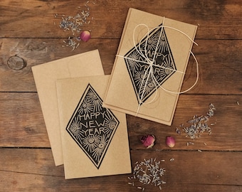 Hand Printed New Year's Cards, Linocut on Kraft