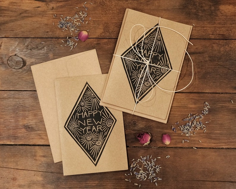 Hand Printed New Year's Cards, Linocut on Kraft image 1