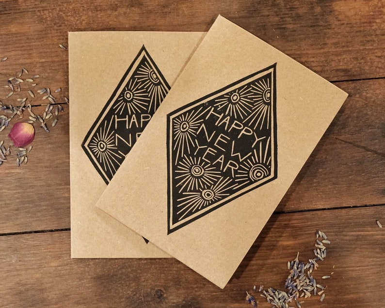 Hand Printed New Year's Cards, Linocut on Kraft image 6