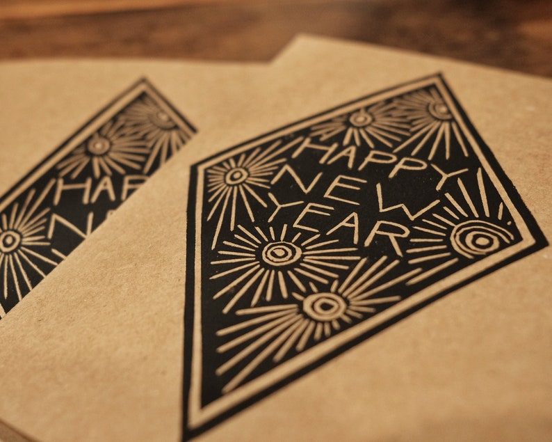 Hand Printed New Year's Cards, Linocut on Kraft image 4