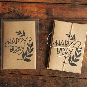 Cartes d'anniversaire vierges imprimées à la main | Motif nature simple sur papier kraft