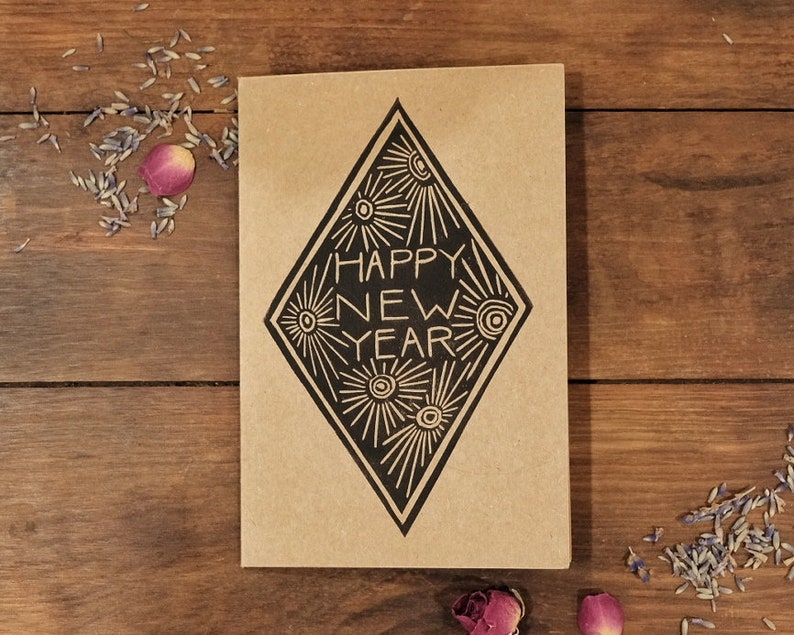 Hand Printed New Year's Cards, Linocut on Kraft SIngle