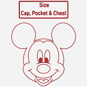 May include: Red outline of Mickey Mouse's face with large ears, eyes, and a smiling mouth. Above the character is a red rectangular box with the word "Size" and the text "Cap, Pocket & Chest".