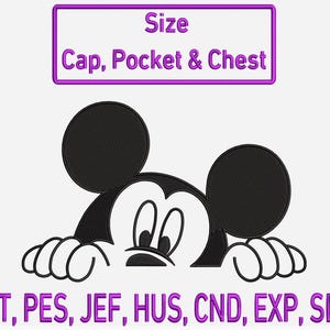 Puede incluir: Diseño de bordado de Mickey Mouse en blanco y negro con el texto "Size Cap, Pocket & Chest" en un rectángulo morado. Debajo, el texto "DST, PES, JEF, HUS, CND, EXP, SEW" se muestra en morado.