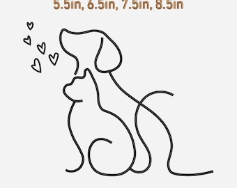 Cat and Dog Line Art Embroidery Design: Pet Lover Gift (4 Sizes, Digital Download