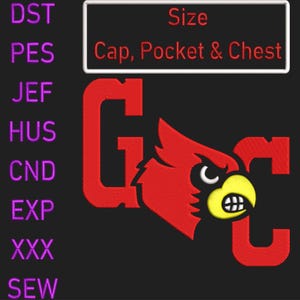 May include: Black background with a red and yellow cardinal bird logo and the letters "GC". The text "Size Cap, Pocket & Chest" is in a white box. The image also contains the text "DST, PES, JEF, HUS, CND, EXP, XXX, SEW".