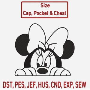 May include: Black and white Minnie Mouse embroidery design. The design includes Minnie's face, bow, and hands. Text at the top reads "Size Cap, Pocket & Chest". The bottom text includes embroidery file formats: DST, PES, JEF, HUS, CND, EXP, SEW.
