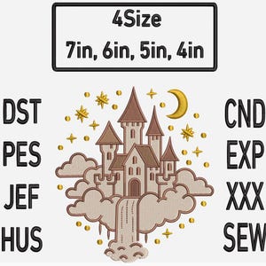 Fantasy Castle Embroidery Design | Magical Castle Embroidery File | Instant Download Design | Castle in Clouds Embroidery Pattern | 4 Sizes