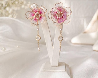 Sakura Flower Earrings, Cherry Blossom Bridal Earrings, Removable Chain Earrings, Floral Wedding Jewelry, Romantic Boho Earrings