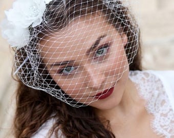 Handmade Birdcage Veil with Silk Flower, Ivory Blusher, Vintage Bridal Headpiece