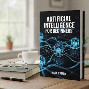 Puede incluir: Un libro de tapa dura titulado "Artificial Intelligence for Beginners" de Mark Ramer. El libro tiene una cubierta negra con texto blanco y un diseño gráfico azul y blanco. Una taza de café, gafas y un bolígrafo descansan sobre una mesa de madera.