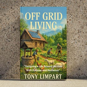 Könnte beinhalten: Buchcover "OFF GRID LIVING" mit einer ländlichen Szene. Es zeigt eine Hütte mit Sonnenkollektoren, Menschen bei der Gartenarbeit, Ziegen und Hühner. Der Untertitel lautet "Designing a Life Beyond the Grid With Purpose and Resilience" von Tony Limpart.