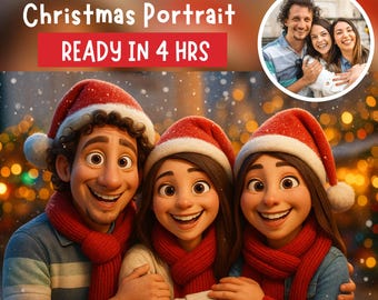 Custom Pixar Style Christmas Portrait, Personalized Family Cartoon Art, Digital 3D Cartoon Portrait, Custom Kids Couples Gift, Printable Art