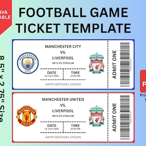 Bearbeitbares Fußballticket, Fußballspielticketgeschenk, Fußballgeburtstagsticket, Vorlagenjubiläum oder Geburtstagsgeschenk für Fußballliebhaber