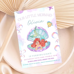 Faire-part de la petite sirène, l'anniversaire de la petite sirène, fête de la petite sirène, invitation Ariel, anniversaire d'Ariel, invitation modifiable aquarelle Ariel