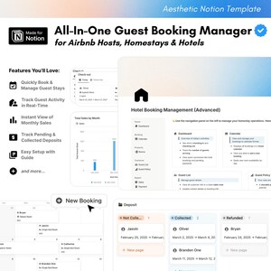 May include: A screenshot of a Notion template for managing guest bookings for Airbnb hosts, homestays, and hotels. The template includes features for managing guest stays, tracking guest activity, viewing monthly sales, and managing deposits. The template also includes a calendar for booking rooms and a dashboard for managing operations.