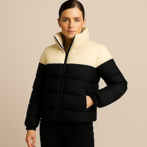 Colorblock Puffer Jacket: Women&#39;s Winter Warm Coat, High Collar