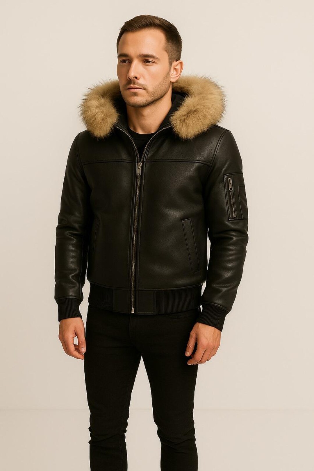 メンズ フェイクレザー ボンバージャケット ファーフード付き | 寒い